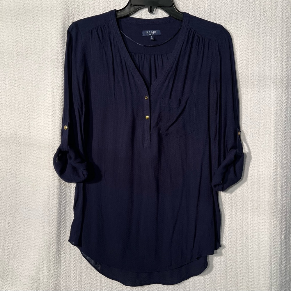 kaari blue / navy blouse with curved bottom and gold buttons size small
